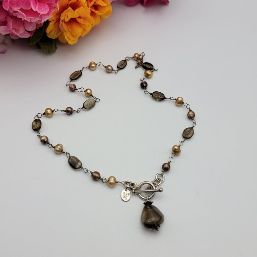 DG MEXICO 925 Sterling Silver Smoky Quartz And Golden Pearl Necklace 18"
